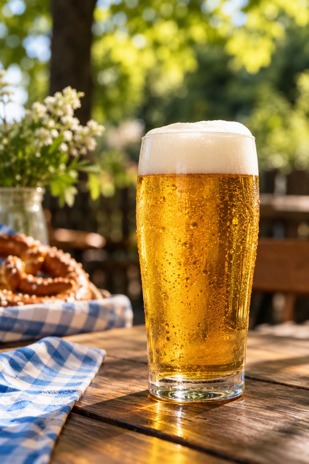 Kaltes Bier im Glas und eine Brezn auf einem Holztisch im Biergarten unter Bäumen