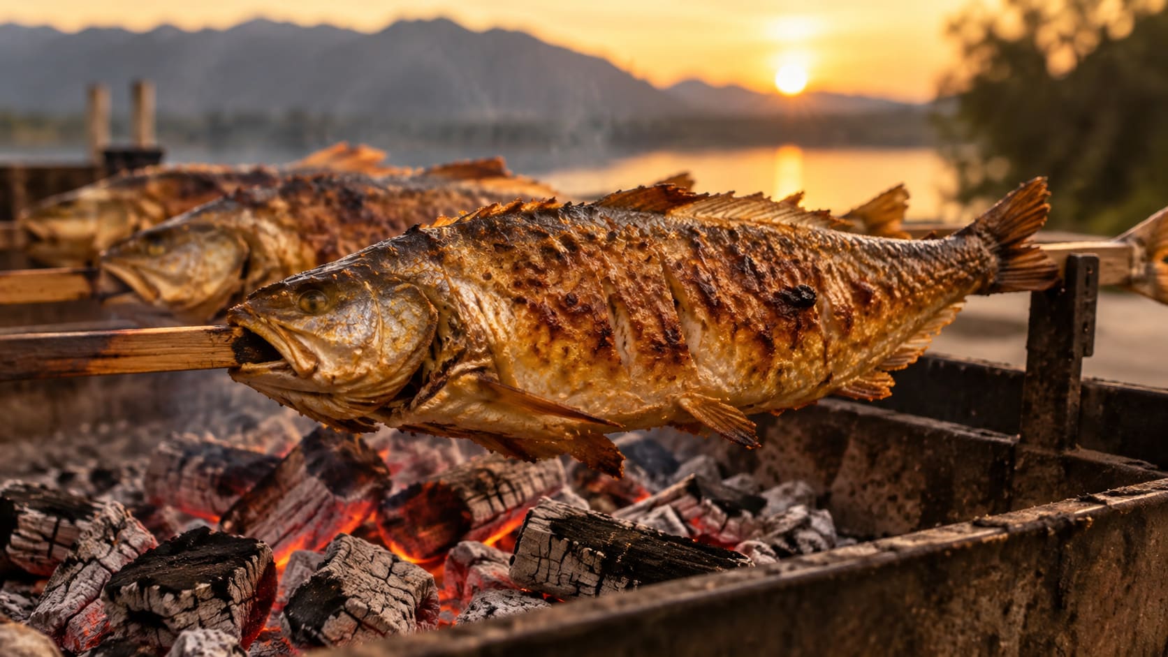Steckerlfische über der Glut, im Hintergrund die Abendstimmung über dem See