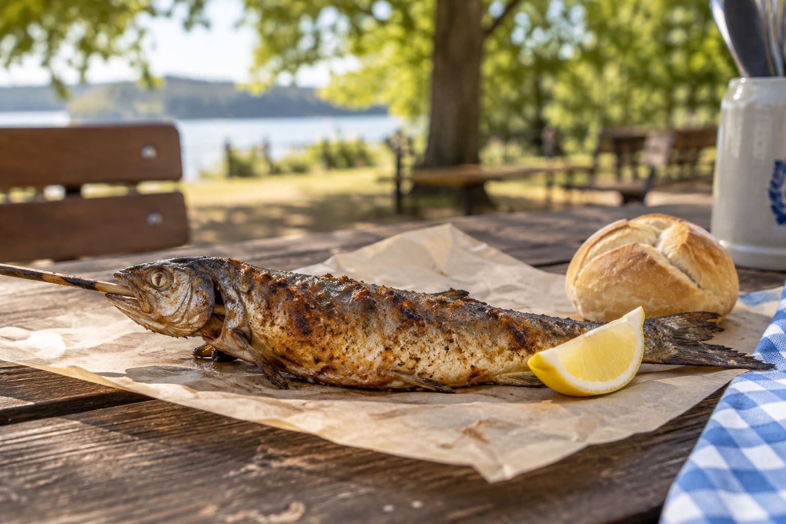 Servierter Steckerlfisch mit Zitrone und Semmel auf Butterbrotpapier an einem Tisch am See