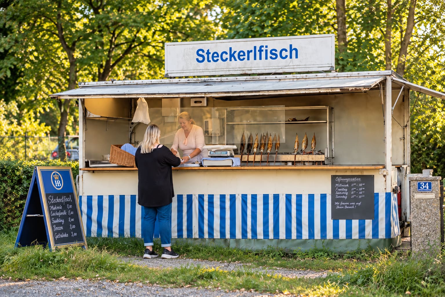 Der Steckerlfischstand Weßling mit blau-weiß gestreifter Blende in Weichselbaum
