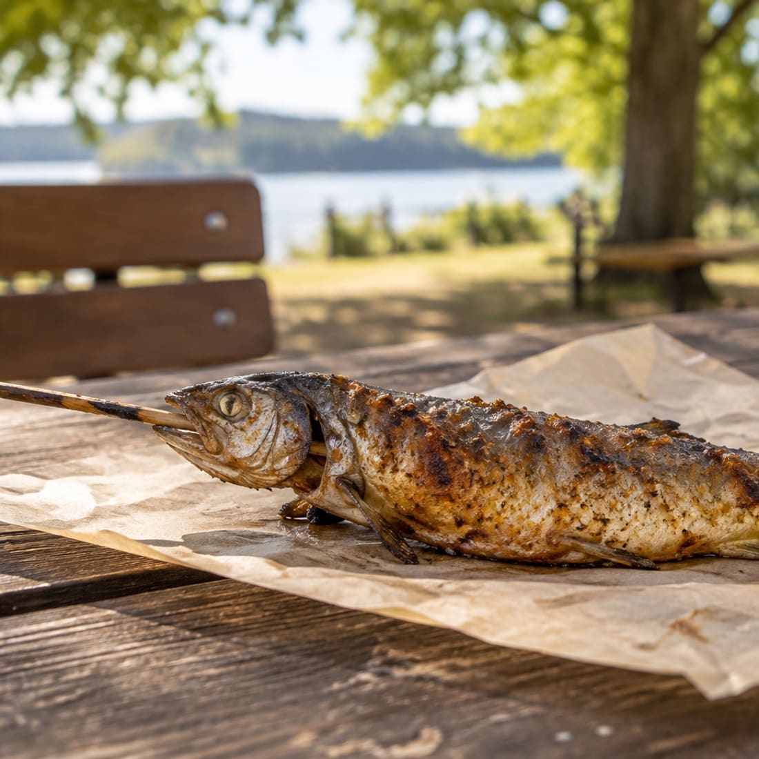 Servierter Steckerlfisch mit Zitrone und Semmel auf Butterbrotpapier